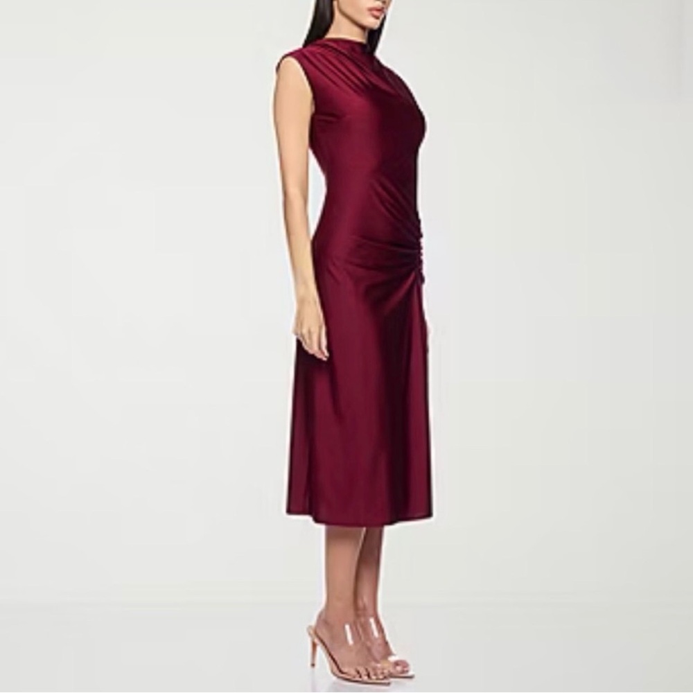 Burgundy Satin Midi Wedding Guest Dress - Picture 2 of 8